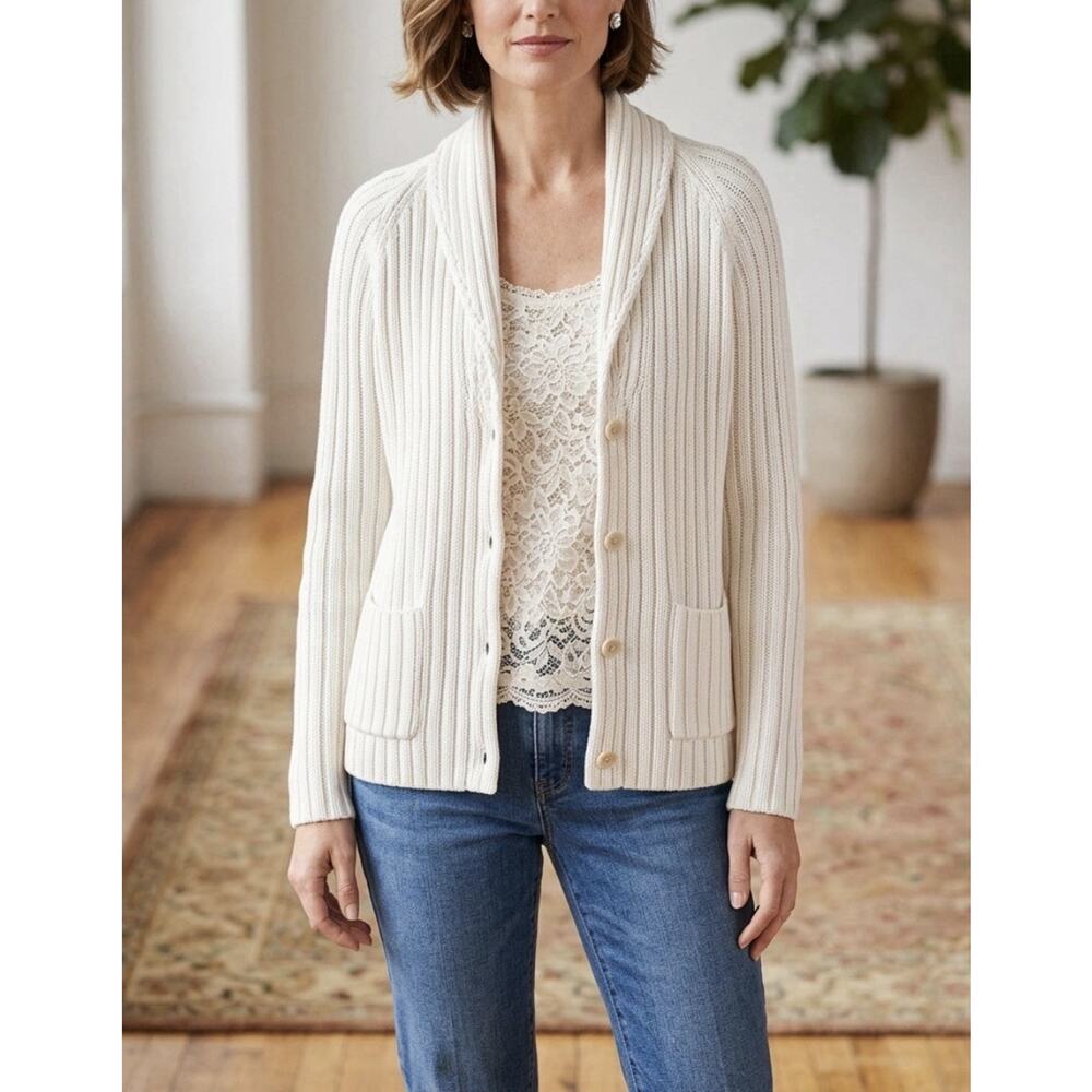 Talbots PM Cream Chunky Knit Ribbed Shawl Collar Sweater Cardigan Cozy Coastal